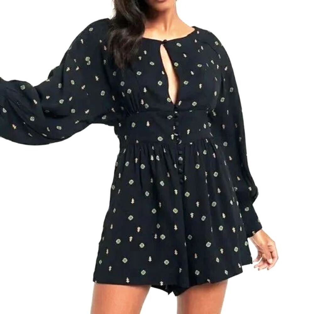 NWT Free People Love Grows Front Button Long Sleeve Romper Black Floral - Picture 2 of 15